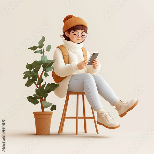 A smiling woman sitting on wooden chair holding and using a smartphone with happily, 3D cartoon character, social media, social networks and technology concept.
