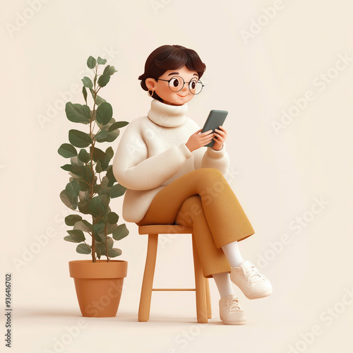 A smiling woman sitting on wooden chair holding and using a smartphone with happily, 3D cartoon character, social media, social networks and technology concept.