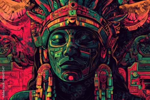 Mayan Deity with Ornate Headpiece and Abstract Background