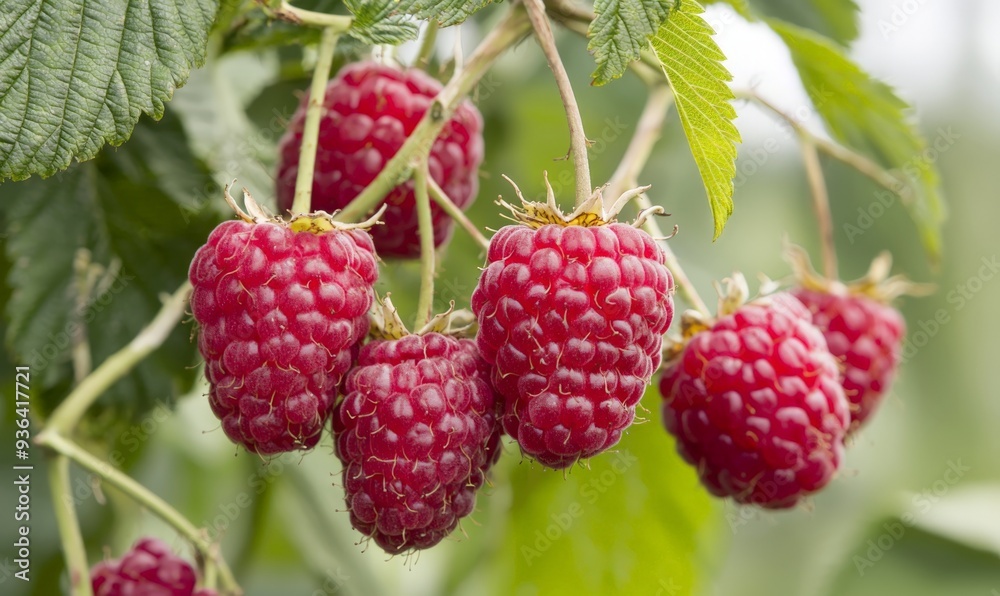 fresh red raspberries hanging on a branch fresh red raspberries hanging on a branch