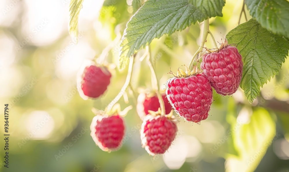 fresh red raspberries hanging on a branch