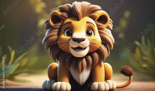 A cute, cartoon lion cub sits in a grassy area, looking directly at the camera with a happy expression