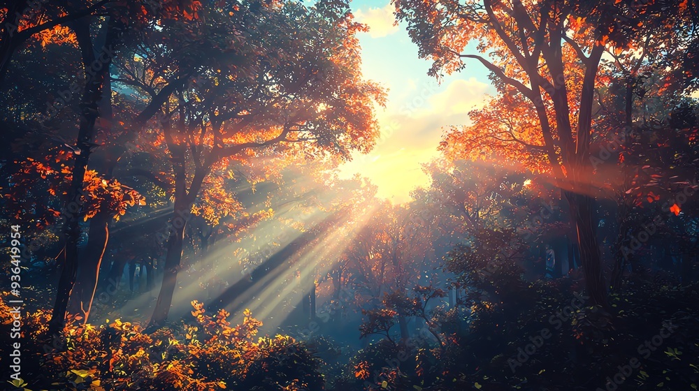 A serene forest scene illuminated by golden sunlight, showcasing vibrant foliage and tranquil atmosphere. A serene forest scene illuminated by golden sunlight, showcasing vibrant foliage and tranquil atmosphere.