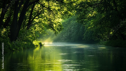 Morning Serenity by the River, a wide river flows through a lush forest, towering trees glisten with crystal-clear dewdrops, embodying tranquility in a fresh green landscape.