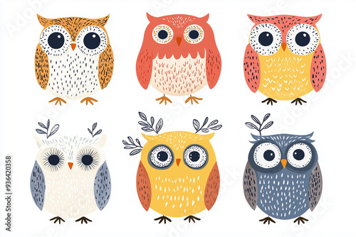 set of cute Scandinavian-style owl illustrations in various colors