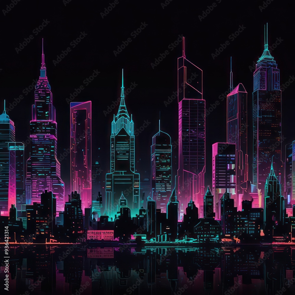 Fototapeta premium A T-shirt design featuring neon lit cityscapes robotic figures and glitchy text elements.