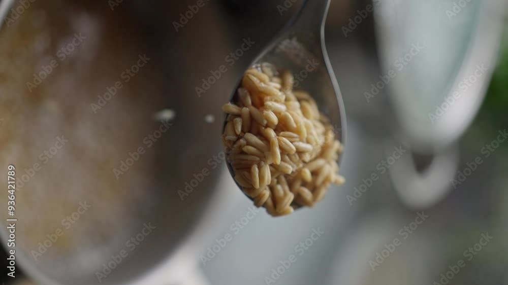 A steaming spoonful of creamy oatmeal is held above a pot, beautifully capturing the essence of home cooking. Vertical video. Slow motion A steaming spoonful of creamy oatmeal is held above a pot, beautifully capturing the essence of home cooking. Vertical video. Slow motion
