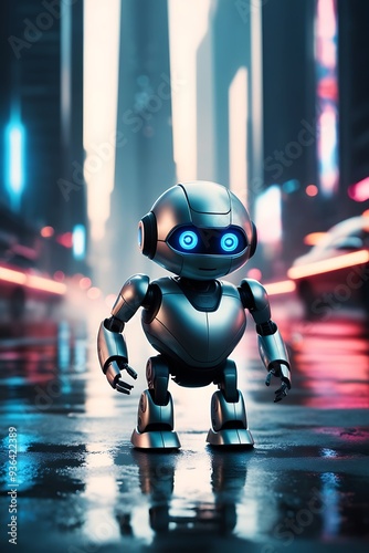 A cute little modern robot on city roads, future High-Tech robot and Neon light