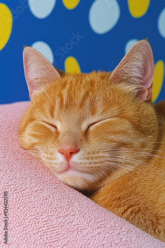 A serene close-up shot of an orange tabby cat sleeping soundly on a pink blanket, with a blue background featuring white and yellow polka dots.