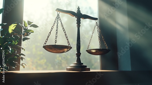 Elegant balance scales symbolizing justice, law, and fairness in a serene, illuminated setting.