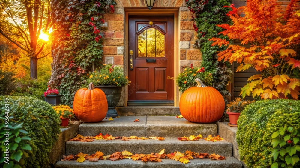 Obraz premium Cozy autumnal scene features a warm-lit home entrance adorned with a vibrant orange pumpkin and surrounded by lush greenery, evoking feelings of comfort and togetherness.