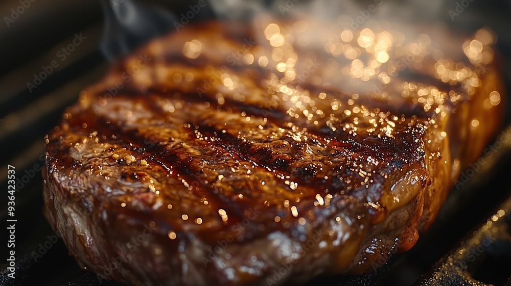 A close-up of a perfectly grilled medium-rare steak sizzling on a cast iron grill. The focus is on the sear marks and juicy texture of the steak, with the flames in the background creating a dramatic, A close-up of a perfectly grilled medium-rare steak sizzling on a cast iron grill. The focus is on the sear marks and juicy texture of the steak, with the flames in the background creating a dramatic,