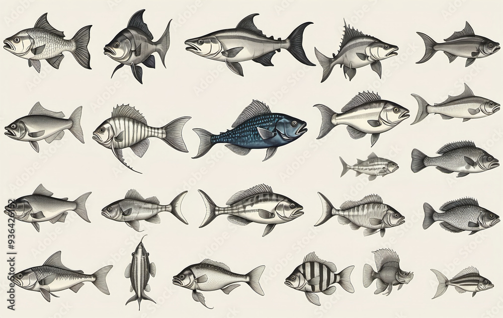 Fototapeta premium Illustrative and colorful depiction of fishes of different kind in color and shape in a drawn appearing style