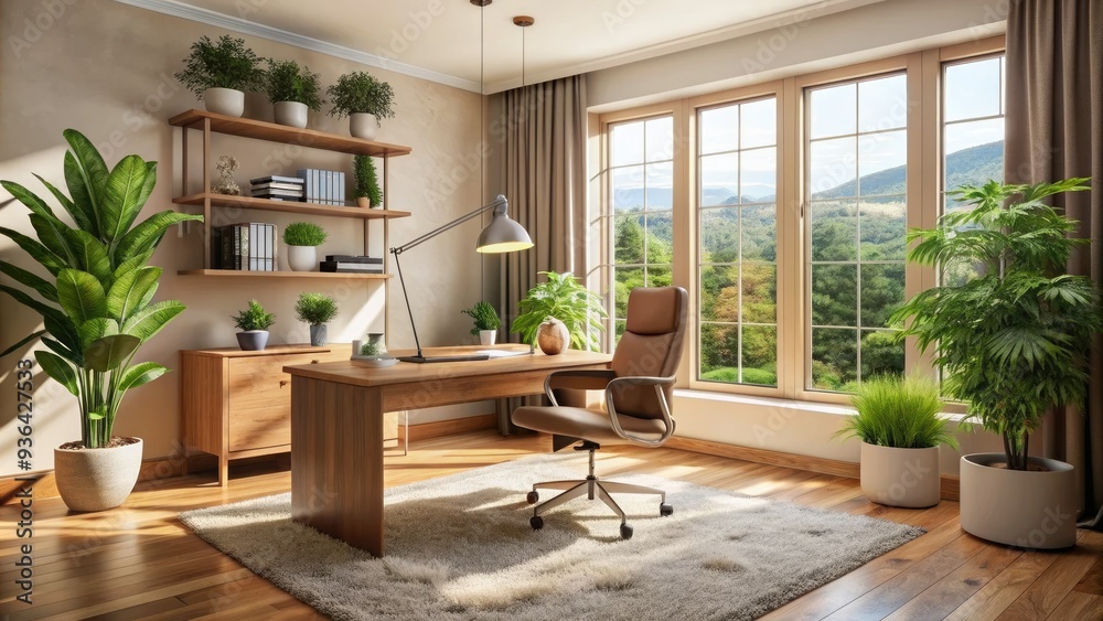 Cozy modern home office with sleek wooden desk, plush rug, and vibrant greenery, surrounded by natural light and calming beige walls. Cozy modern home office with sleek wooden desk, plush rug, and vibrant greenery, surrounded by natural light and calming beige walls.