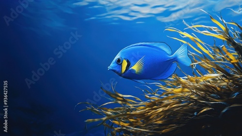 Blue Angelfish Swimming Through Seaweed photo