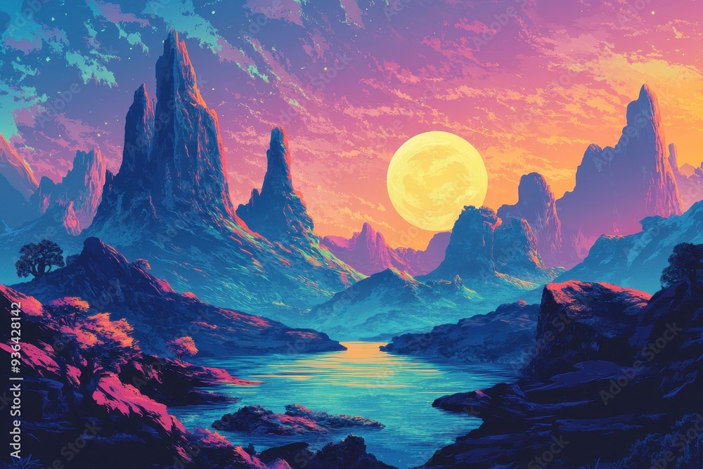 A Surreal Landscape with a Large Yellow Moon and a Winding River A Surreal Landscape with a Large Yellow Moon and a Winding River