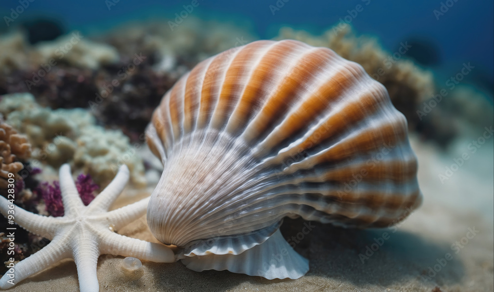 A large, striped scallop shell sits on a sandy ocean floor, next to a white starfish A large, striped scallop shell sits on a sandy ocean floor, next to a white starfish