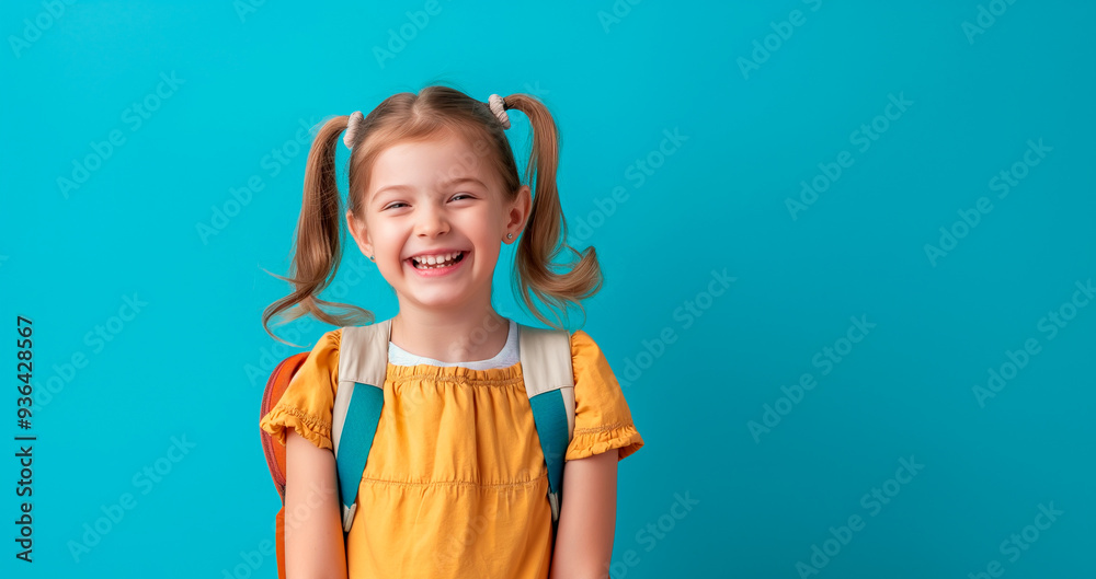 Funny little school girl with backpack on blue isolated background with copy space. Children back to school, kids going to the first grade, education, elementary school Funny little school girl with backpack on blue isolated background with copy space. Children back to school, kids going to the first grade, education, elementary school