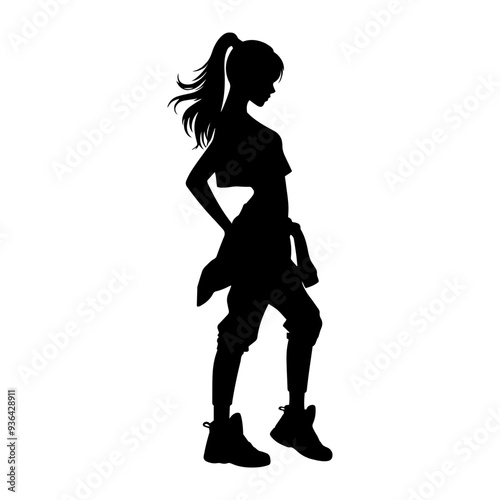 Vector illustration. Girl hip-hop dancer. Black silhouette on a white background.
