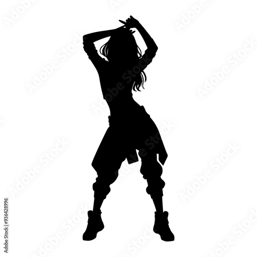 Vector illustration. Girl hip-hop dancer. Black silhouette on a white background.