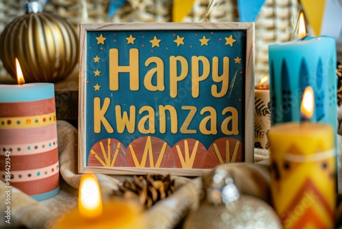 Festive Kwanzaa setup with candles and a sign reading Happy Kwanzaa