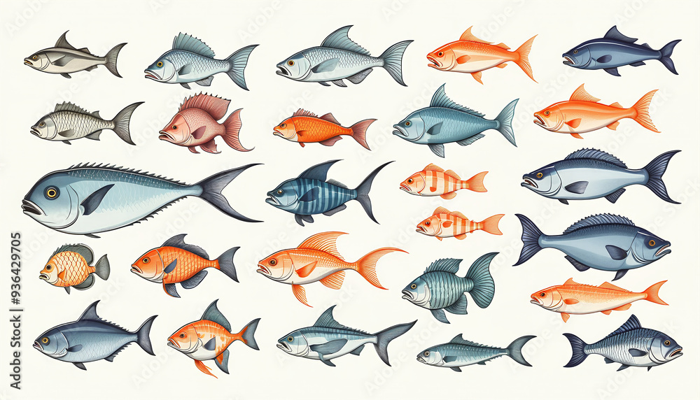 Obraz premium Illustrative and colorful depiction of fishes of different kind in color and shape in a drawn appearing style