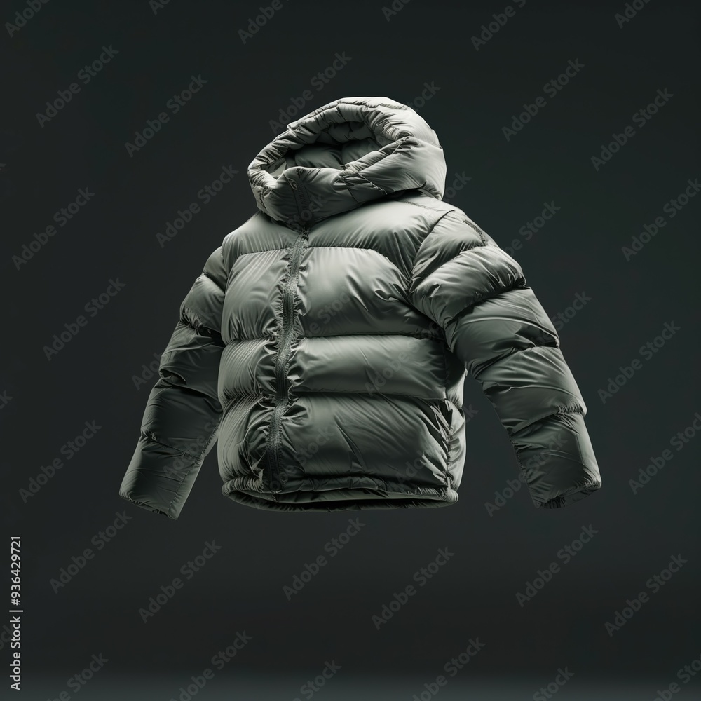Matte olive-green puffer jacket floating in the air with a dark green background, highlighting minimalist outerwear design and modern winter fashion Matte olive-green puffer jacket floating in the air with a dark green background, highlighting minimalist outerwear design and modern winter fashion