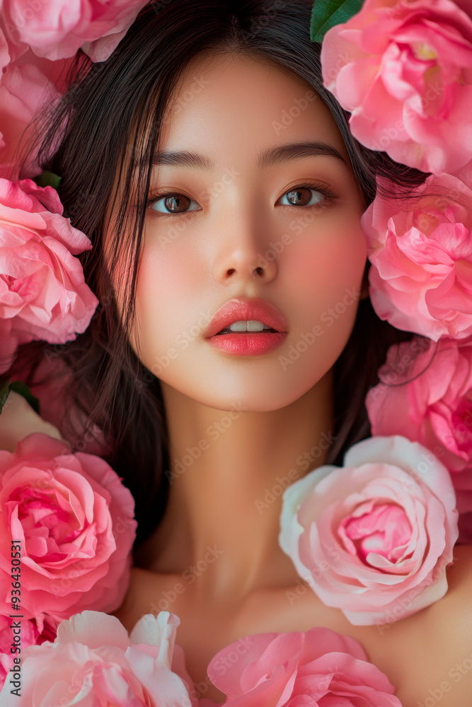 Beautiful romantic young woman in a wreath of flowers posing on a background of roses. Inspiration of spring and summer. Perfume, cosmetics concept. Beautiful romantic young woman in a wreath of flowers posing on a background of roses. Inspiration of spring and summer. Perfume, cosmetics concept.