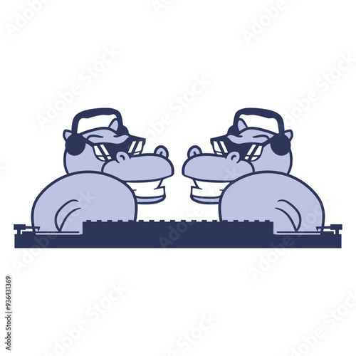 2 Hippo Music DJ Hippos Friend Team Crew Mixing Console Headphone Sunglasses Party Night Dancing Clubber Raver Comic Humor Cartoon Cool Fun Sound Disco Club Festival Band Concert Techno Discothek Love