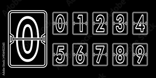 Numbers in flip clock and countdown counter style. Flip clock scoreboard template. Timer, watch template, date, calendar, dashboard display, score panel. Vector illustration 