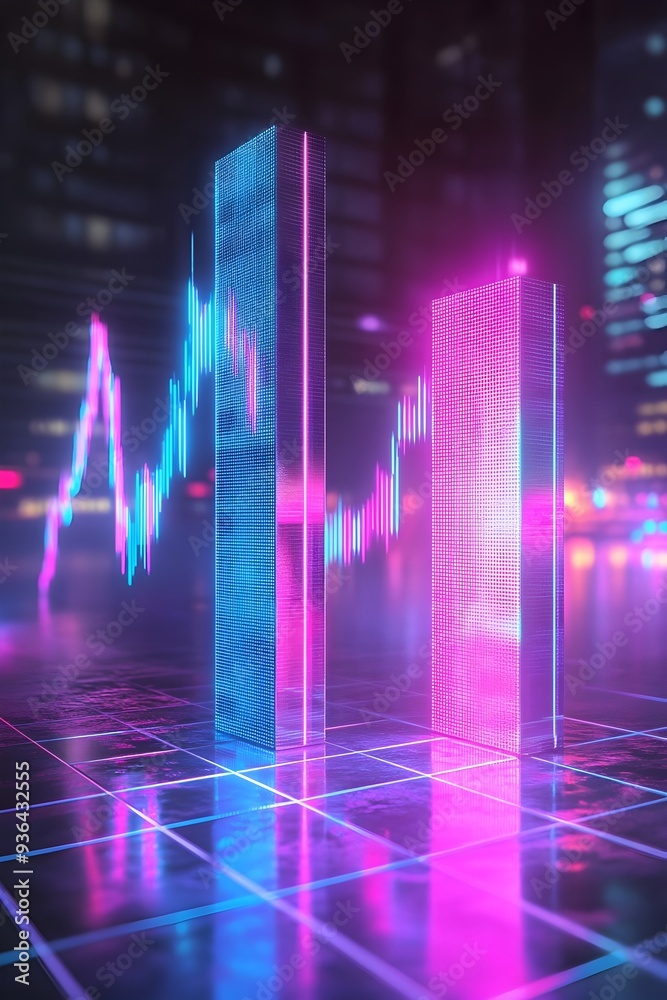 Futuristic Trading Chart with Glowing Platinum Bars and Neon Lighting Futuristic Trading Chart with Glowing Platinum Bars and Neon Lighting