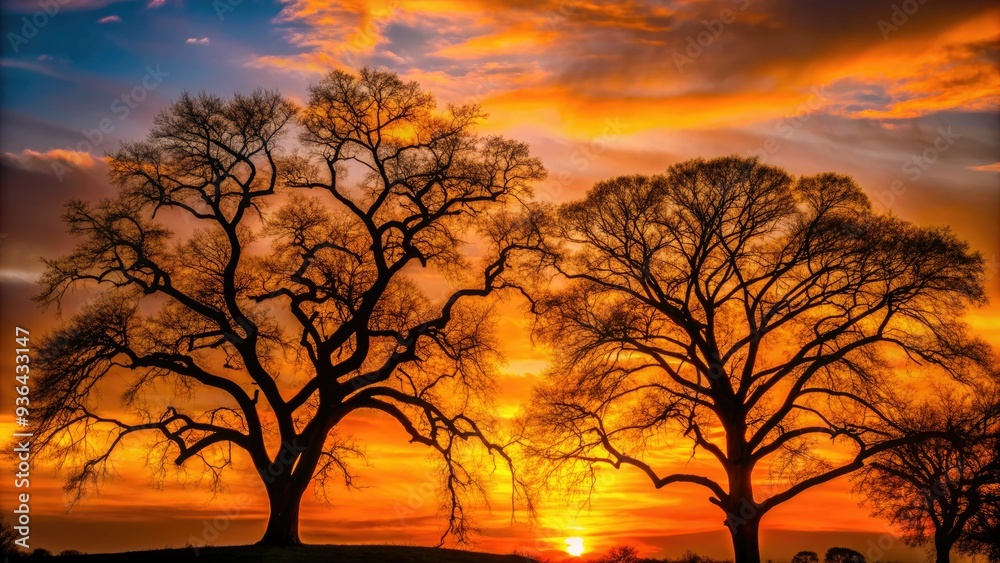 Dark tree silhouettes stretch towards the sky, their delicate branches etched against a vibrant orange sunset, creating a serene and peaceful atmosphere. Dark tree silhouettes stretch towards the sky, their delicate branches etched against a vibrant orange sunset, creating a serene and peaceful atmosphere.