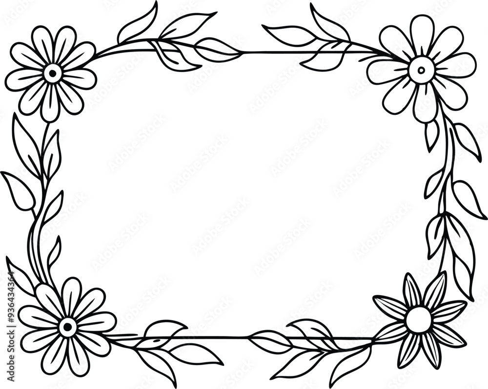 Floral Border square line art illustration black and white