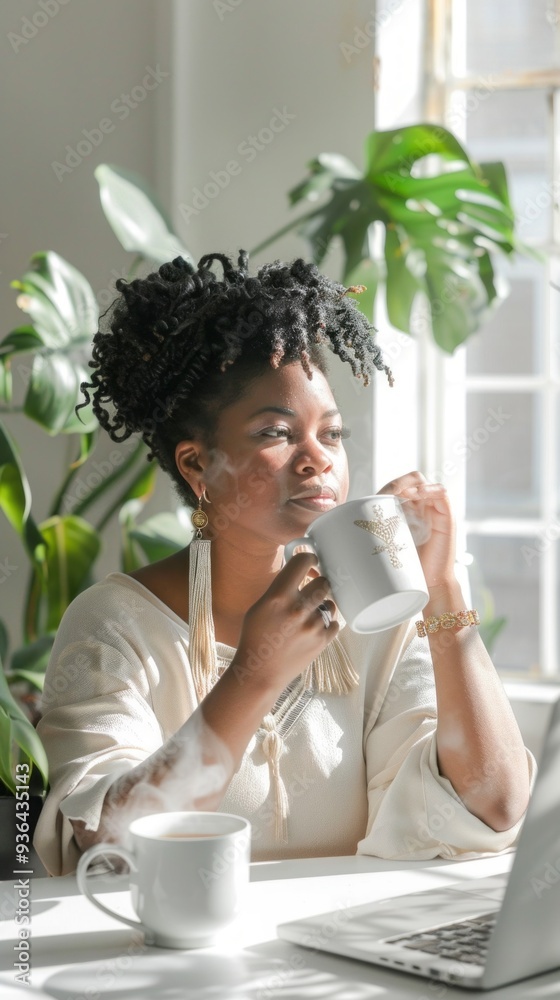 Relaxing in a sun-drenched space, a woman sips her coffee thoughtfully, surrounded by lush plants that enhance the calm ambiance of the room Relaxing in a sun-drenched space, a woman sips her coffee thoughtfully, surrounded by lush plants that enhance the calm ambiance of the room
