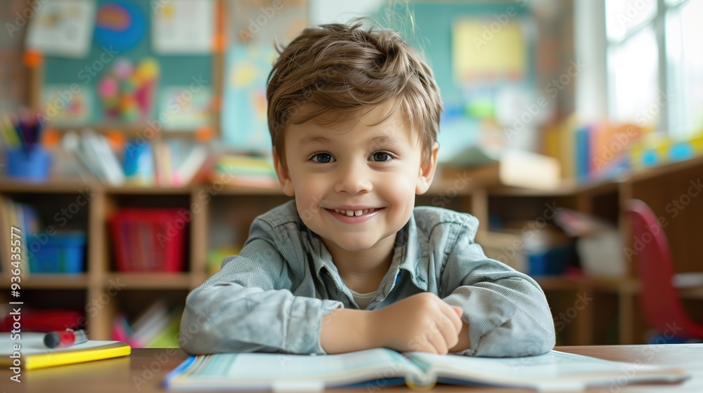 cute schoolboy sitting at the desk, smiling, looking at the camera during the lesson cute schoolboy sitting at the desk, smiling, looking at the camera during the lesson