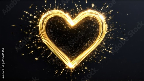 Heart gold with flashes isolated on transparent background. Light heart for holiday cards, banners, invitations. Heart-shaped gold wire glow photo