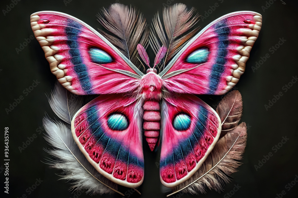 Naklejka premium A hyper-realistic butterfly with striking pink, blue, and black feather wings, surrounded by delicate feathers against a dark background.