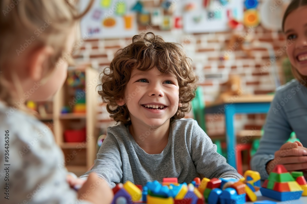 Portrait of a child with autism working with a therapist during a session, both smiling and interacting positively. The therapy room is welcoming and filled with educational tools. Portrait of a child with autism working with a therapist during a session, both smiling and interacting positively. The therapy room is welcoming and filled with educational tools.
