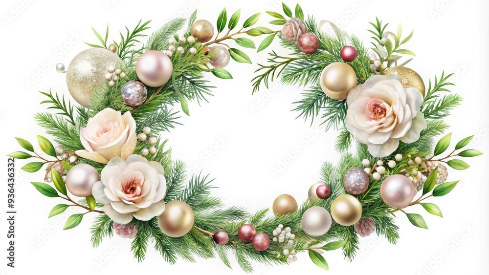 Delicate floral wreath adorned with sparkling ornaments and lush greenery, perfect for festive holiday decorations or elegant wedding accessories, on a soft white background. Delicate floral wreath adorned with sparkling ornaments and lush greenery, perfect for festive holiday decorations or elegant wedding accessories, on a soft white background.