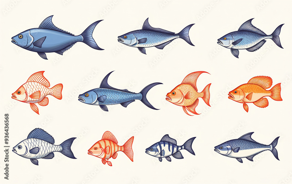 Fototapeta premium Illustrative and colorful depiction of fishes of different kind in color and shape in a drawn appearing style