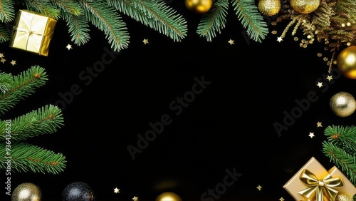 Deluxe holiday wishes concept. Top view of luxurious gift packages, costly tree trimmings, gold and black balls, sparkling confetti, frosted fir twigs on dark backdrop with space for festive words