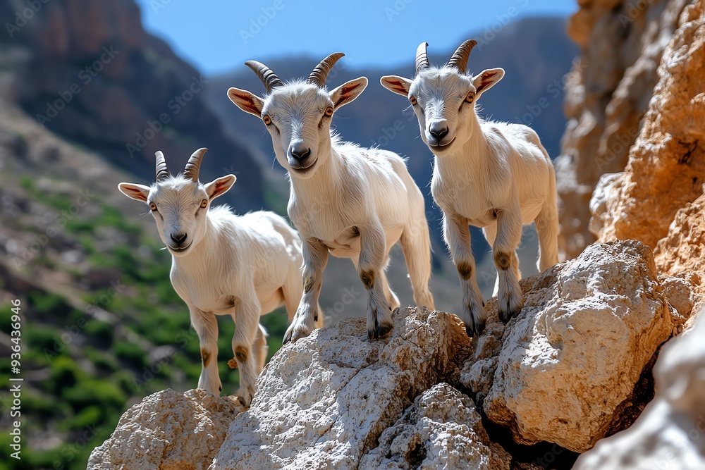 Fototapeta premium Three white goats stand on rocky cliffs with a mountain range in the background.