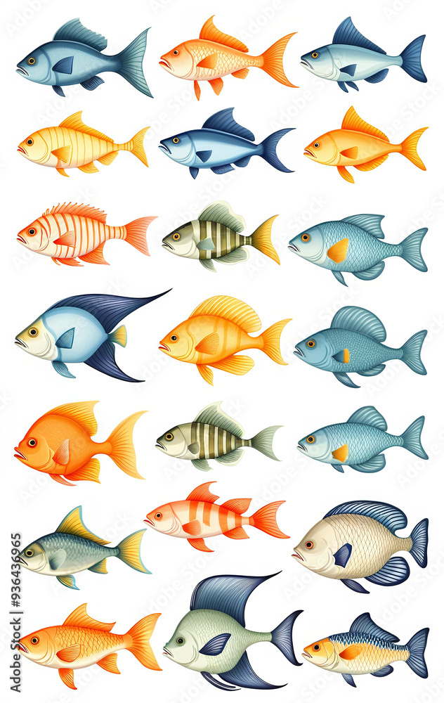 Illustrative and colorful depiction of fishes of different kind in color and shape in a drawn appearing style Illustrative and colorful depiction of fishes of different kind in color and shape in a drawn appearing style
