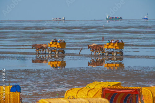 Pferdekutschen im Watt in der Nordsee zur Ebbe