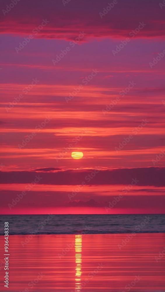 Glowing orange-red sunset over a calm sea, with long rays and a sky streaked with pink and purple Glowing orange-red sunset over a calm sea, with long rays and a sky streaked with pink and purple