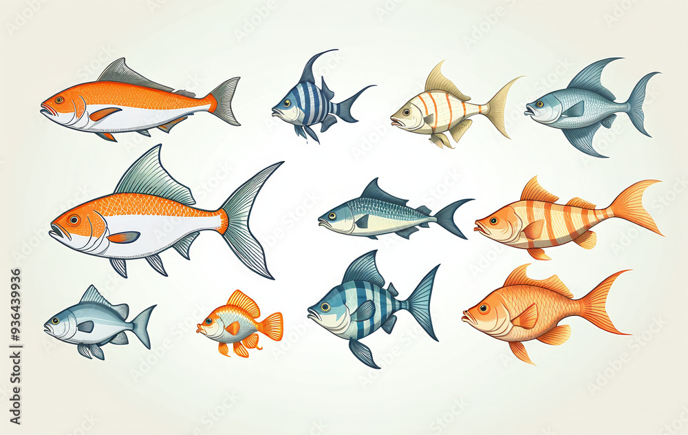 Naklejka premium Illustrative and colorful depiction of fishes of different kind in color and shape in a drawn appearing style