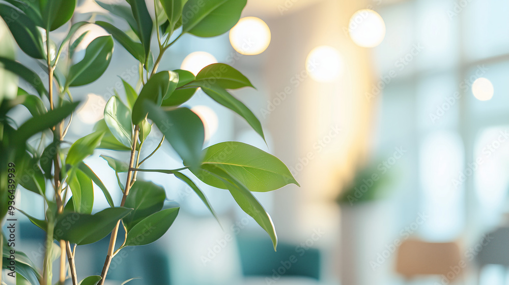 Out-of-focus abstract office scene with an emphasis on green plants and soft lighting creating a calming and harmonious atmosphere Out-of-focus abstract office scene with an emphasis on green plants and soft lighting creating a calming and harmonious atmosphere