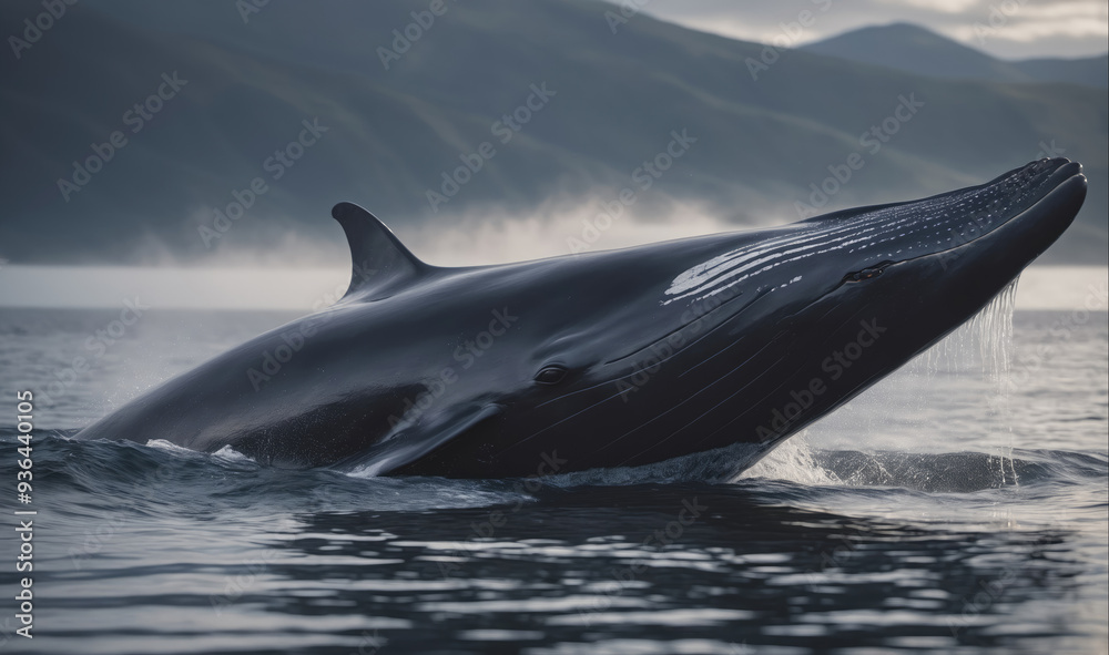 Fototapeta premium A whale breaches the surface of the water in a dramatic display of power and grace