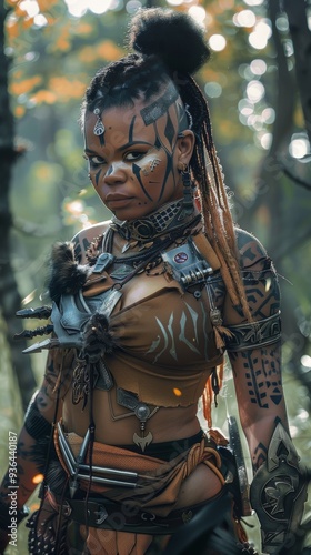 futuristic and tribal, mature black woman in futuristic tribal style clothing made of metals and cloth.