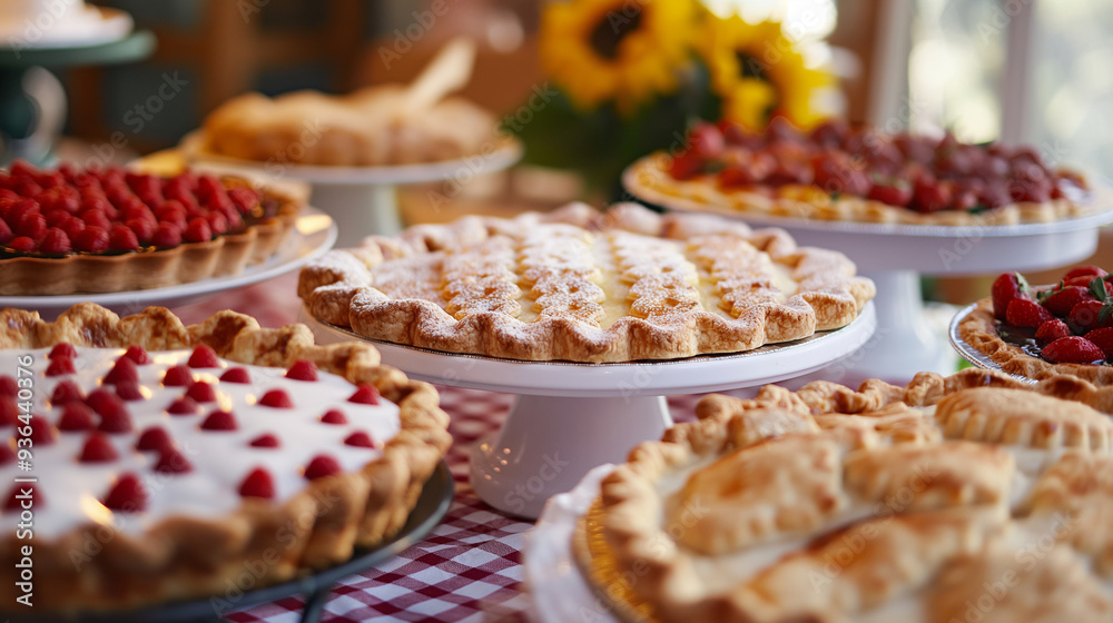 Baking Contest: A friendly baking contest with pies and cakes on display, Labor Day, with copy space